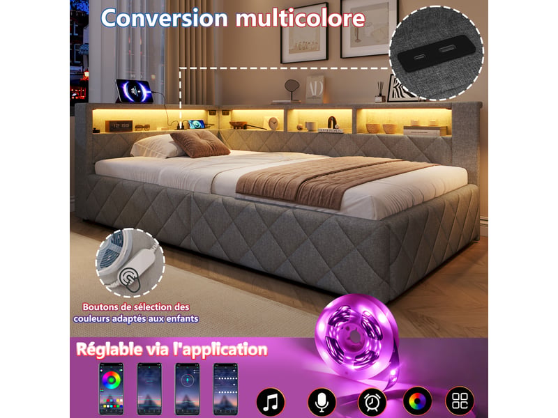  Canapé-lit coffre 90 x 200 cm - avec lumière led - avec port usb - tissu velours - gris (matelas non inclus)  - Conforama W