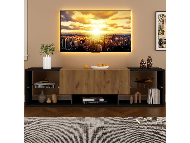  Meuble tv led 160 x 40 x 42 cm avec 2 tiroirs, noir et bois, jusqu'à 70 pouces  - Conforama E