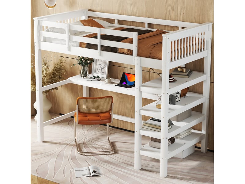  Lit mezzanine enfant tcqpz 90 x 200 cm avec bureau et étagères blanc  - Conforama E