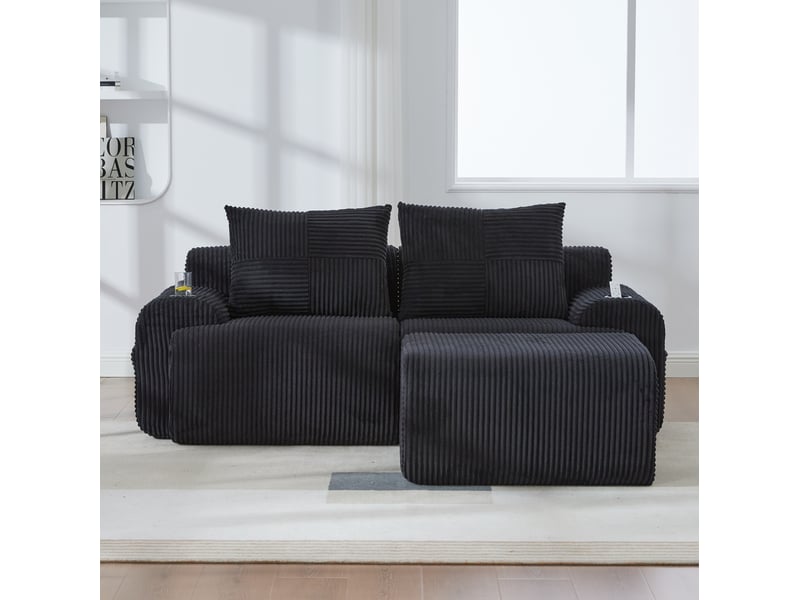  Canapé modulable ulevr 2 places avec poufs, porte-gobelets et poche latérale, velours côtelé noir, 200 x 174 x 80 cm  - Conforama D