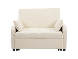 Canapé droit convertible, 2 places, style scandinave - avec dossier réglable, mode lit - tissu en lin, assise en mousse, pieds en pp - beige