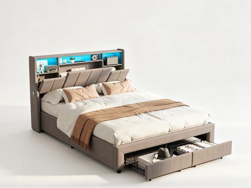  Lit 2 places 140x200 cm - tiroirs de rangement et led - rangement tête de lit - lit 2 places tissu - sommier à lattes  - Conforama A