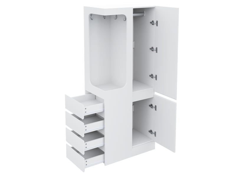  Armoire une porte avec 4 tiroirs et penderie ouverte pour chambre en pin, contreplaqué et mdf blanche 70 × 40 × 170 cm  - Conforama E