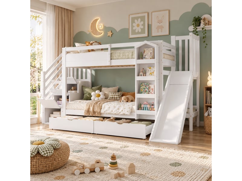  Lit superposé enfant 90 x 200 cm avec toboggan, escalier de rangement, bibliothèque et 2 tiroirs sur roulettes, blanc  - Conforama E