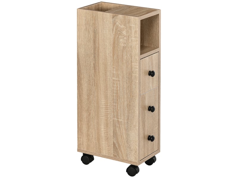  Meuble de salle de bain à quatre roulettes, compartiment ouvert, tiroir et placard, en bois, 18 x 30 x 68,5 cm, couleur chêne  - Conforama A