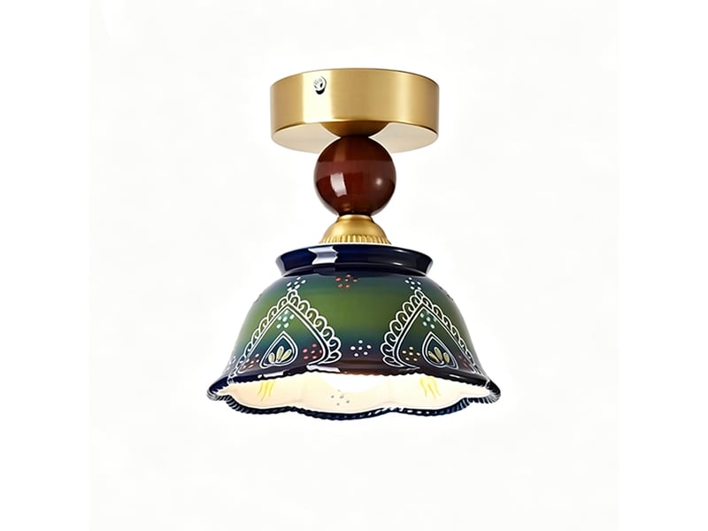  Plafonnier en céramique vert forêt, style bohème rétro, abat-jour floral, e27, 3 couleurs de lumière  - Conforama A