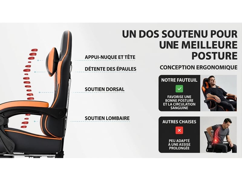  Chaise gamer ergonomique, réglable avec support lombaire, fauteuil de bureau noir et orange  - Conforama C