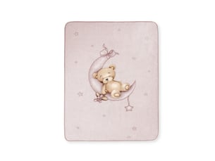 Couverture bébé interbaby 110 x 140 cm maille raschel - rose, motif ourson, lune et étoiles