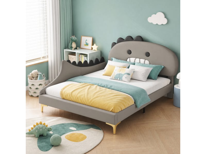  Lit enfant 200×140 cm avec tête de lit en forme de dinosaure, en pu et mdf gris  - Conforama B