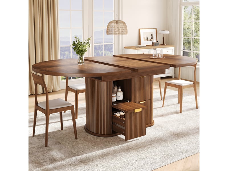  Table à manger ovale extensible 118-158x118 cm pour 4 à 6 personnes, rangement caché, 2 portes rabattables, 2 tiroirs, façade rainurée, brun foncé  - Conforama C