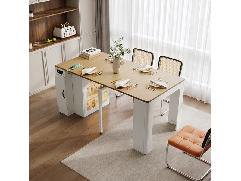  Îlot de cuisine extensible à roulettes avec prises usb et type-c, blanc naturel  - Conforama D