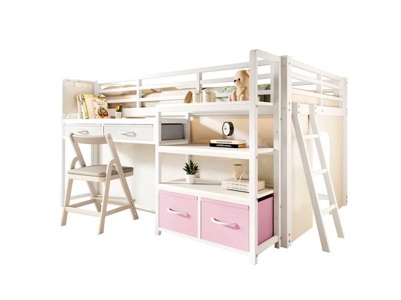  Lit mezzanine enfant 140 x 200 cm blanc en métal et mdf, avec bureau, rangements, tiroirs en tissu et led  - Conforama A