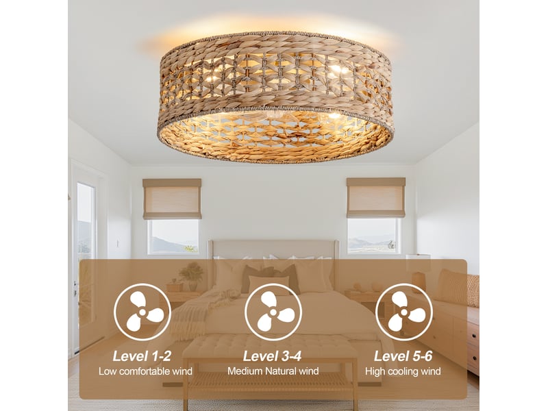  Ventilateur plafonnier 19 pouces en plastique et rotin couleur cuivre, télécommande et application, pour petit espace  - Conforama E