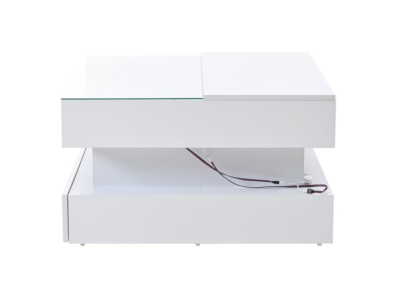 Table basse 80 x 80 x 45 cm, réglable en hauteur, avec rangement dissimulé et 2 tiroirs, table d'appoint avec éclairage led, finition laquée brillante, plateau en verre trempé blanc.  - Conforama E