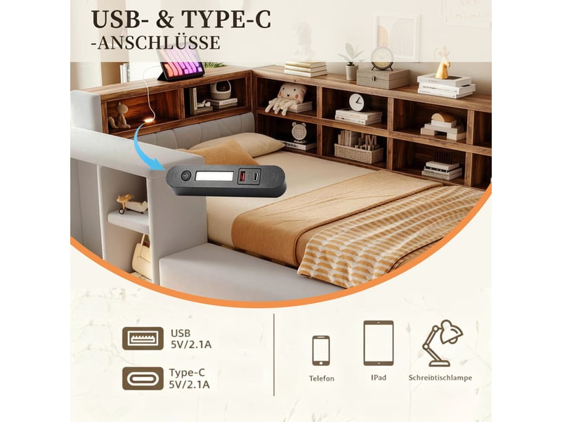  Lit rembourré 90x200 cm, rangements tête de lit, led, prises, table de chevet, velours gris clair, sans matelas  - Conforama E
