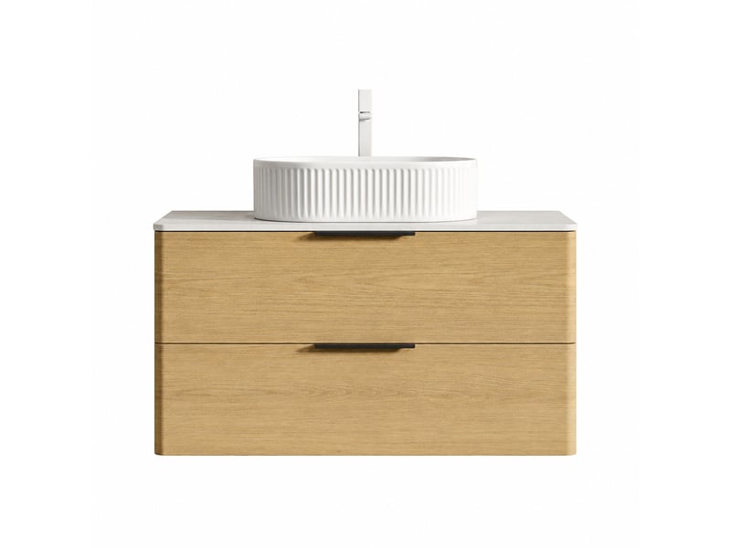  Meuble vasque suspendu 90 cm avec vasque ovale blanche en céramique, 2 tiroirs et plan effet travertin  - Conforama A