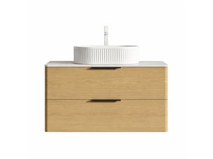 Meuble vasque suspendu 90 cm avec vasque ovale blanche en céramique, 2 tiroirs et plan effet travertin
