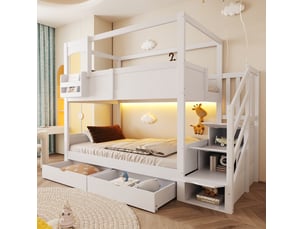 Lit superposé enfant 90x200 cm style maison avec rangements, tableau créatif et échelle, bois, blanc sans matelas