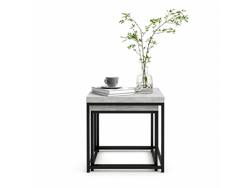  Lot de 2 tables basses gigognes 45x45 cm, tables d'appoint carrées avec plateau effet bois et structure métal noir, tables salon modernes - gris  - Conforama A