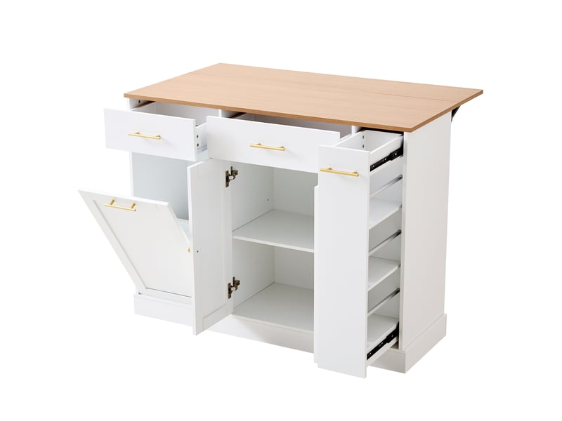  Îlot de cuisine avec plan rabattable, 3 tiroirs, blanc et naturel, 120x70x91,5 cm  - Conforama A