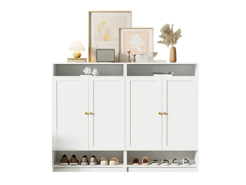  Meuble à chaussures blanc moderne avec étagères réglables, poignées dorées, 2 portes pour entrée, couloir  - Conforama A