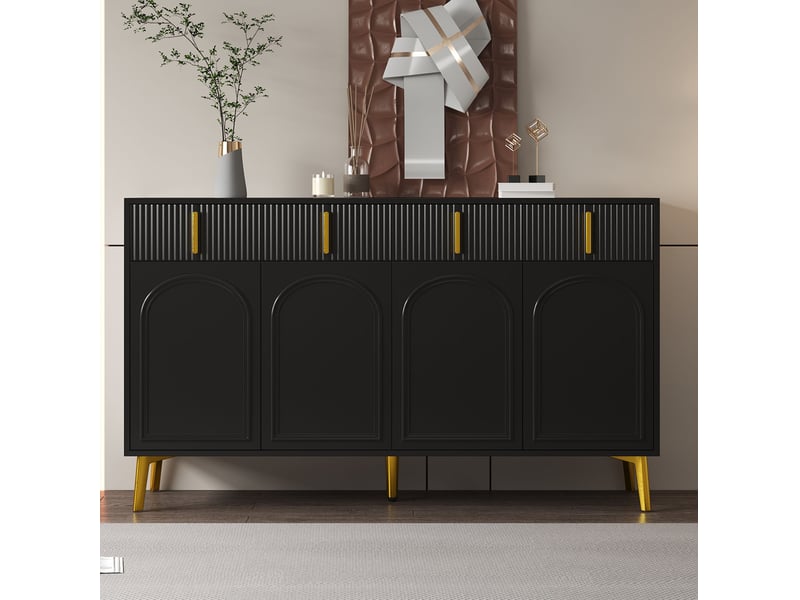 Buffet noir 140 x 38 x 82 cm, 4 portes, 4 tiroirs et poignées dorées - Conforama B