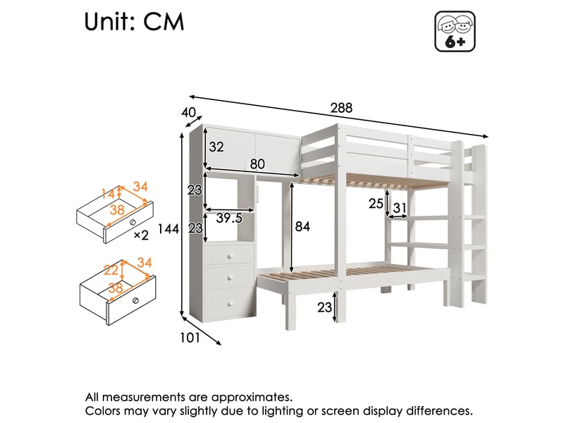  Lit superposé décalé 90x200 cm avec rangements, tiroirs et veilleuse led, blanc  - Conforama C