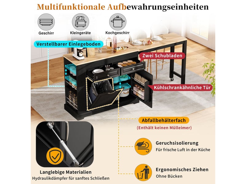  Îlot de cuisine tiroirs et rangement meuble de cuisine espace repas extensible compartiment à poubelle montée sur roulettes structure mobile et indépendante coloris noir  - Conforama C