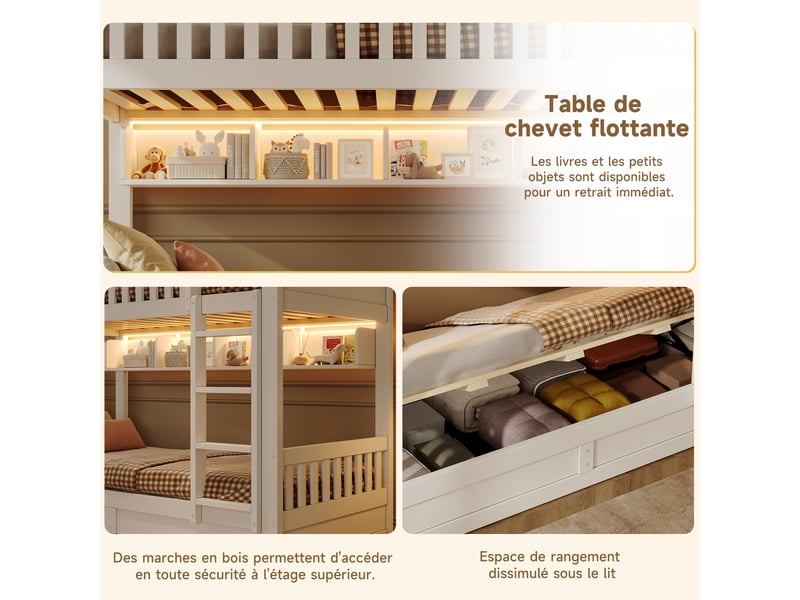  Lit superposé 90x200cm avec coffre hydraulique, étagères latérales, led réglable, échelle intégrée et garde-corps, pin et mdf blanc, pour la chambre  - Conforama E