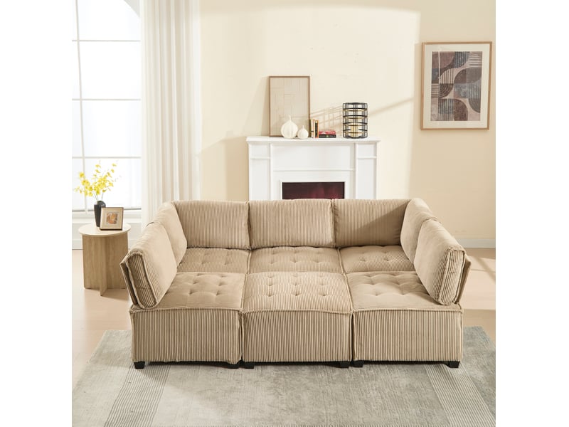  Canapé modulable convertible 6 places en velours côtelé kaki - 308 x 154 x 81,99 cm  - Conforama C