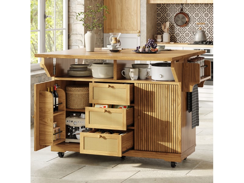  Desserte de cuisine pliable 142,5 x 80 x 95 cm sur roulettes, mdf, coloris naturel  - Conforama D