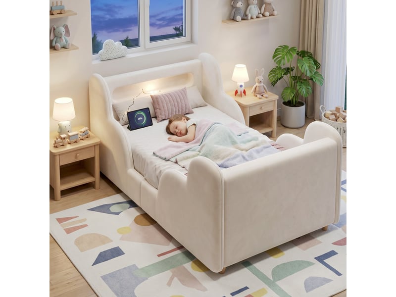  Lit enfant 90 × 200 cm avec barrière, veilleuse, usb, type-c et étagères, sans matelas, en velours, beige  - Conforama B