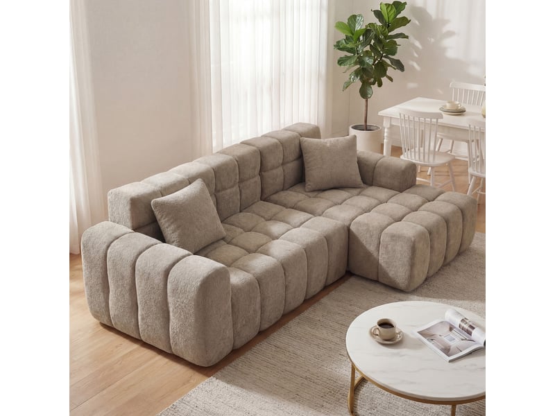 Canapé d'angle 250×150×74 cm 3 places, méridienne gauche en chenille couleur café - Conforama D