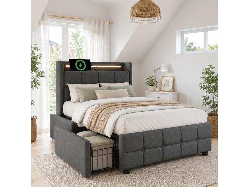 Lit coffre 90x200 cm rembourré, 2 tiroirs de rangement, led et usb intégrés, tête de lit avec étagère, gris - Conforama B