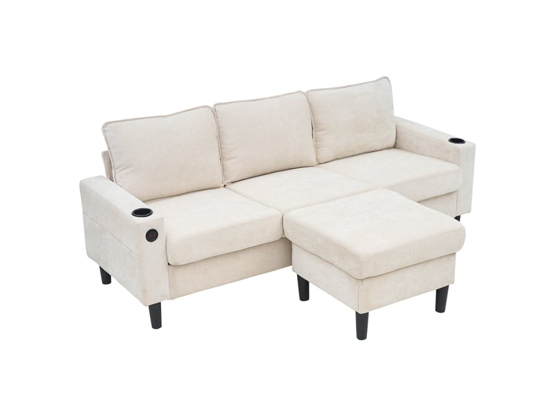  Canapé d'angle beige en lin, canapé 3 places en l avec port usb, type-c et porte-gobelets, idéal pour salon et appartement  - Conforama D