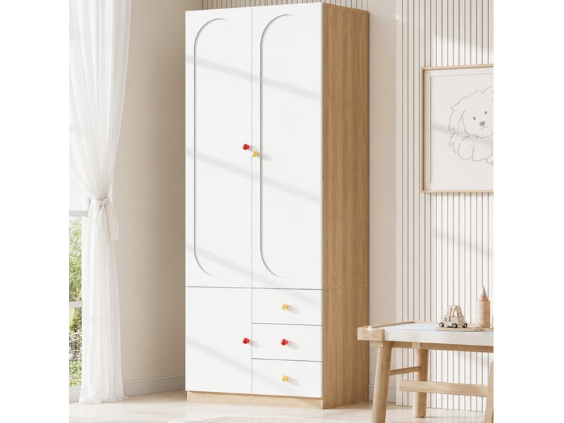  Armoire enfant 2 portes avec penderie et 3 tiroirs, blanc laqué, poignées en céramique colorées  - Conforama B