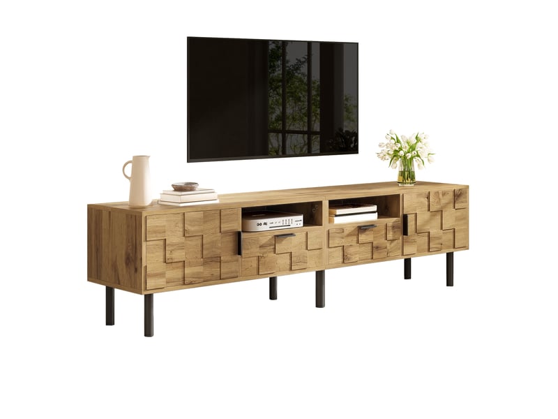  Meuble tv 160x35x42,5 cm, 2 portes, 2 tiroirs, passe-câbles, façades texturées, pieds métal, grand rangement pour salon - naturel  - Conforama A