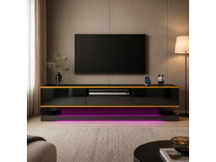 Meuble tv 3 tiroirs avec led multicolore - niche ouverte, finition brillante, noir et doré, 180 × 38 × 45 cm