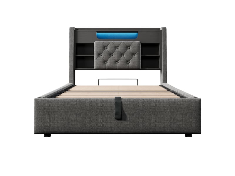  Lit coffre simple 90x200 cm en tissu gris avec rangement, led, usb et type-c, sans matelas  - Conforama E