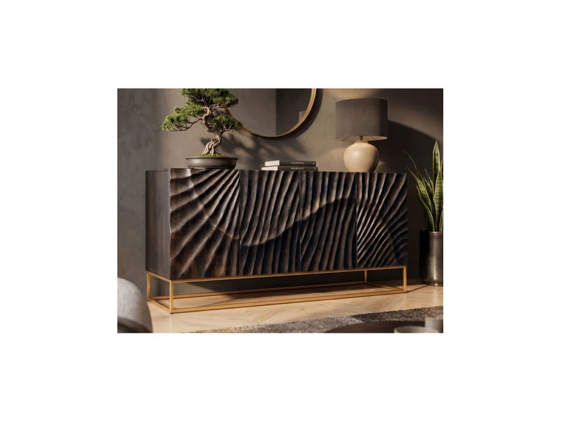 Buffet silva 177 cm en bois massif de manguier noir sculpté – 4 portes et piètement doré - Conforama B