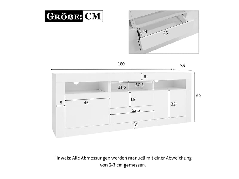  Meuble tv 160x35x60 cm led façade haute brillance panneau de particules blanc  - Conforama E
