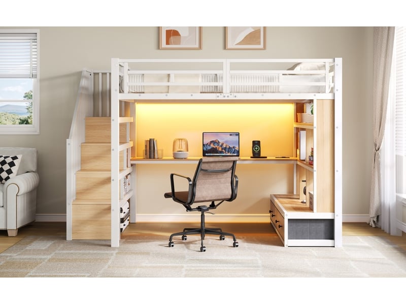  Lit mezzanine double 140×200 cm bureau, étagères, 2 tiroirs et led réglable  - sans matelas, métal blanc  - Conforama E