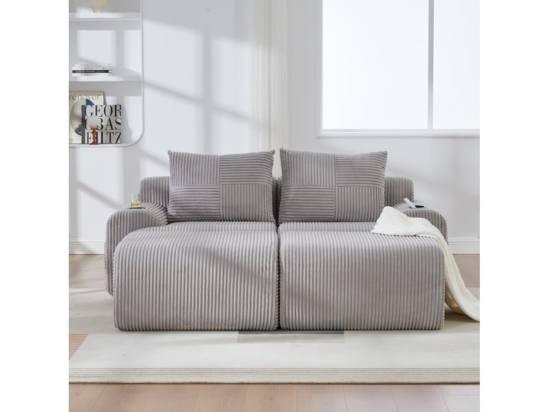  Canapé modulable 2 places 200x174x80 cm avec 2 poufs gris clair  - Conforama E