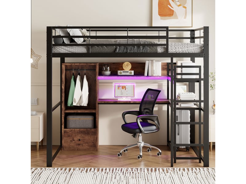  Lit mezzanine noir 140x200cm avec escalier rangement, bureau, 1 tiroir, structure robuste, gain de place - fer - pour enfant ado  - Conforama B