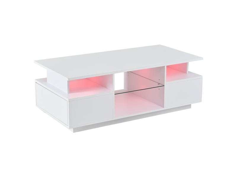  Table basse 100 x 50 x 36 cm avec 2 tiroirs, table d'appoint led laquée brillante, table basse avec espace de rangement ouvert, séparation en verre, table à thé, table console, table de salon, blanche  - Conforama E