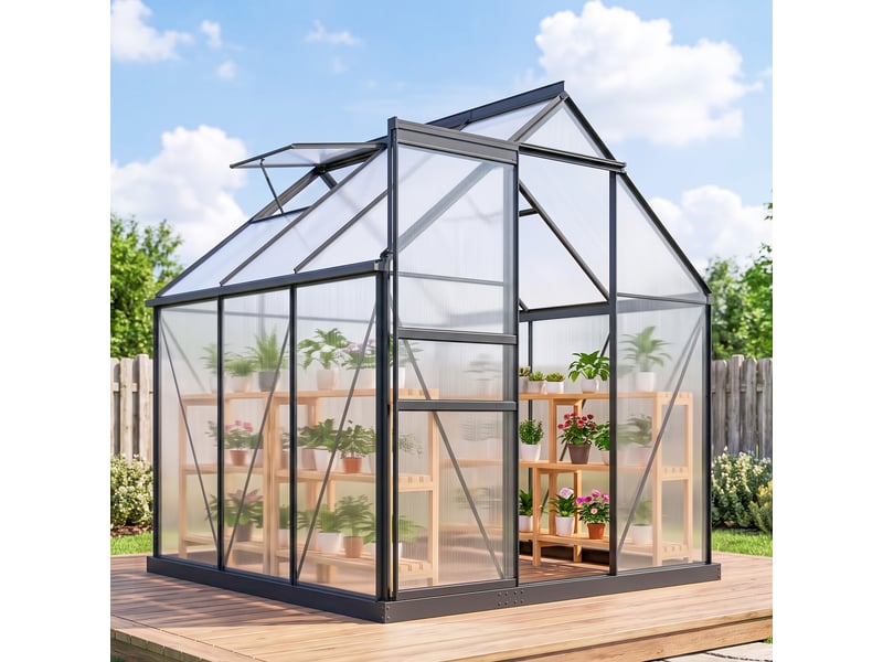  Serre en polycarbonate et aluminium avec porte à charnières et fenêtre de toit, 3,6 m², grise  - Conforama C