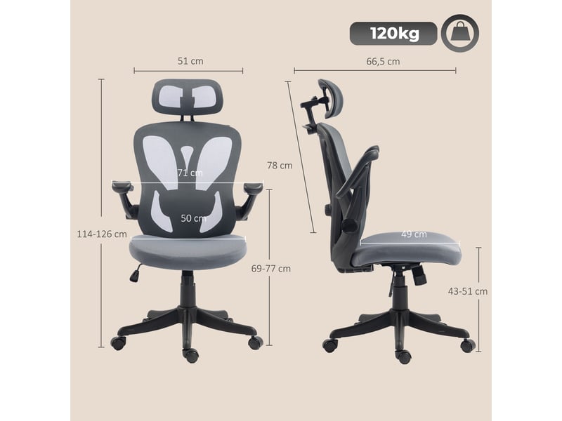  Chaise bureau ergonomique avec accoudoirs 3d et appui-tête réglable, fauteuil de bureau en maille, gris  - Conforama C
