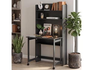 Bureau mural pliable table murale rabattable suspendue sur pied avec bibliothèque 3 étagères mdf noir