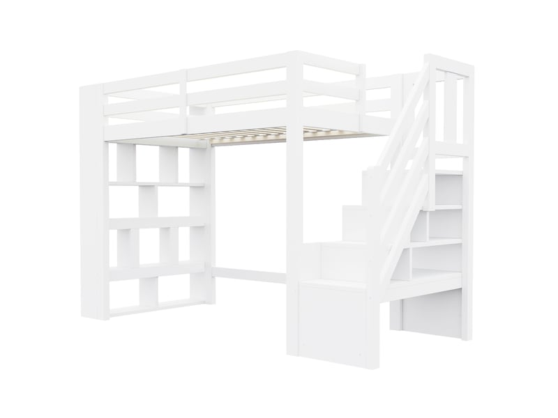 Lit mezzanine 90x200 cm avec rangements, garde-corps et led, blanc, sans matelas - Conforama R