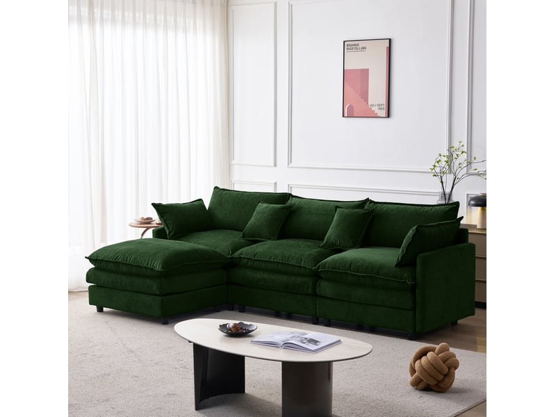 Canapé d’angle modulable 3 places avec pouf, tissu chenille vert, 267x154x85 cm - Conforama W